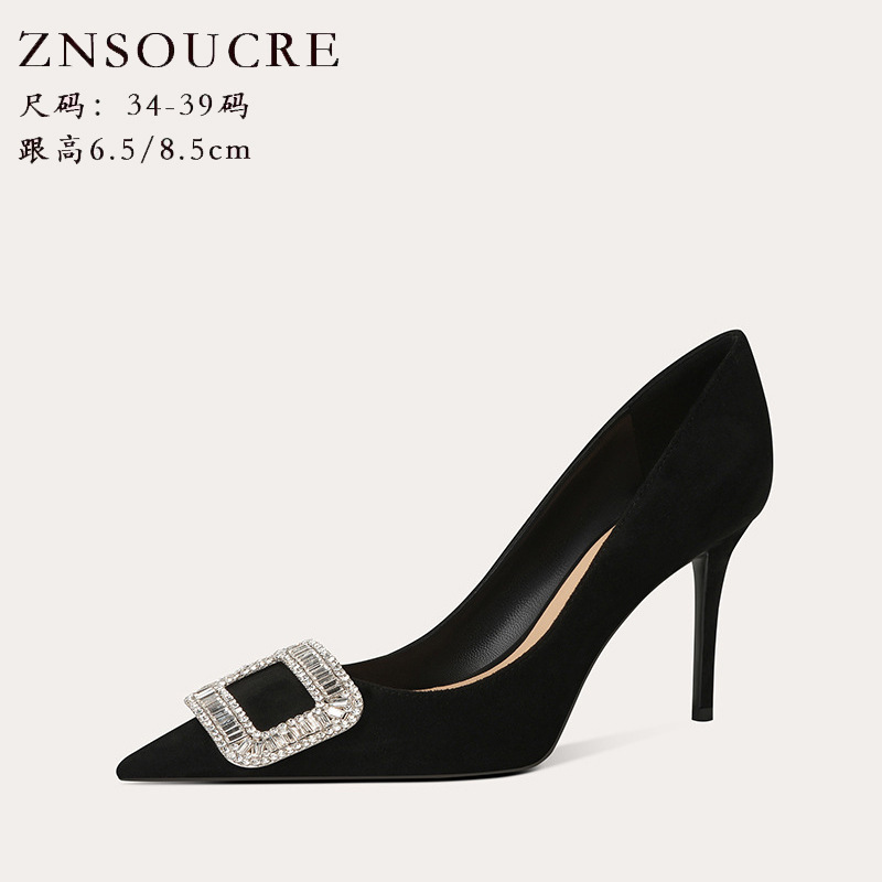 708-73 Square Buckle Rhinestone Black High Heels Thin Pointed Toe French 18 Coming-Of-Age Ceremony Girl Gentle with Skirt Shoes for Women 708-73 Square Buckle Rhinestone Black High Heels Thin Pointed Toe French 18 Coming-Of-Age Ceremony Girl Gentle with Skirt Shoes for Women