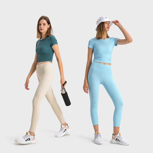 Spring and summer new style ribbed side waist pleated sports short-sleeved women's slimming and fashionable versatile fitness yoga tops