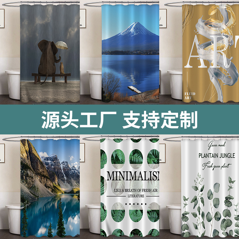 Cortina de ducha de poliéster impresa con hebilla de cortina de ducha de plástico baño cuarto de baño cortina de partición impermeable a prueba de moho