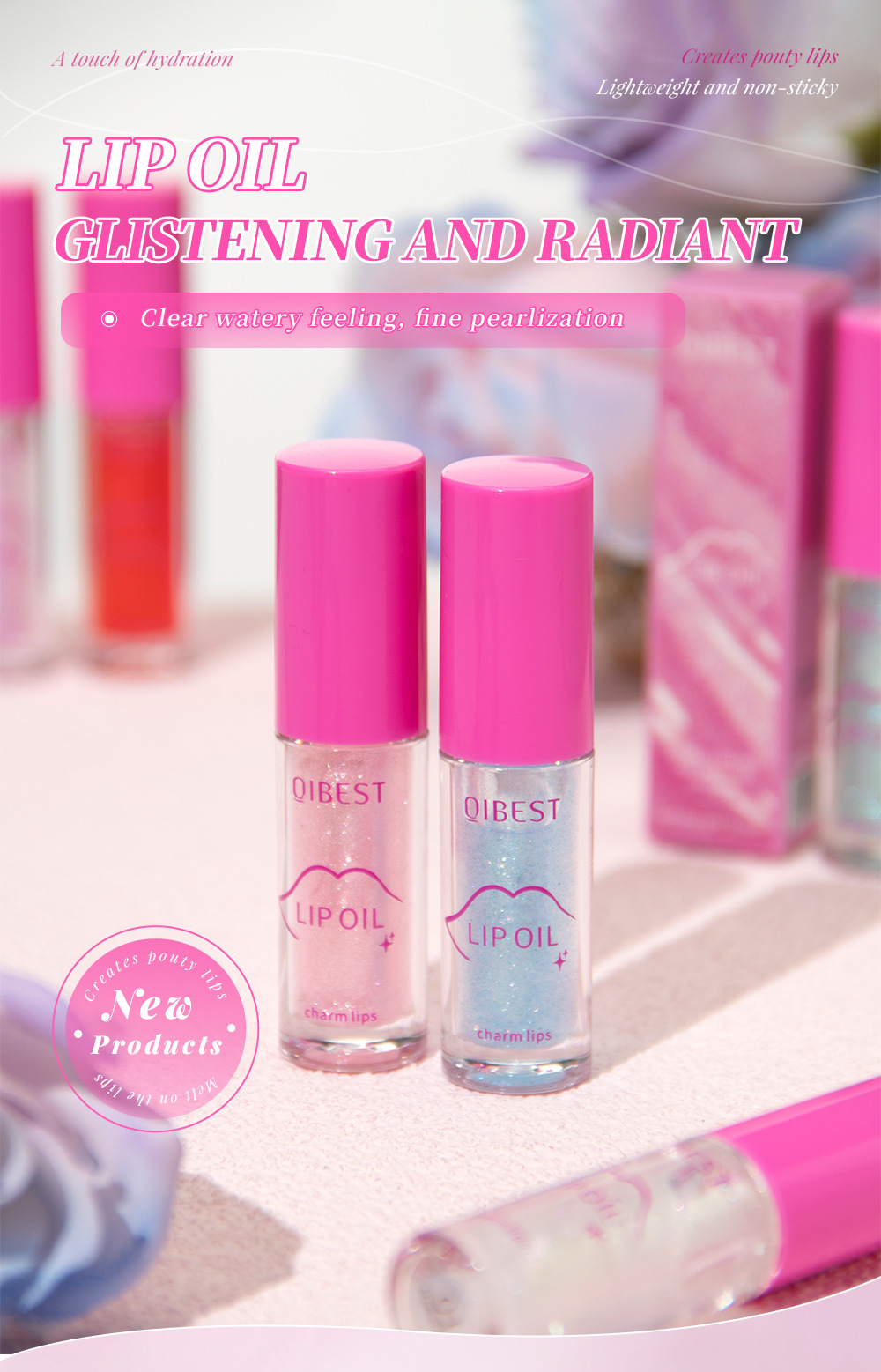 QIBEST Cross-border Mirror Pearlescent Lip Oil Moisturizes, hydrates, hydrates, softens, is transparent, natural and long-lasting, and prevents dry and chapping lips details Picture