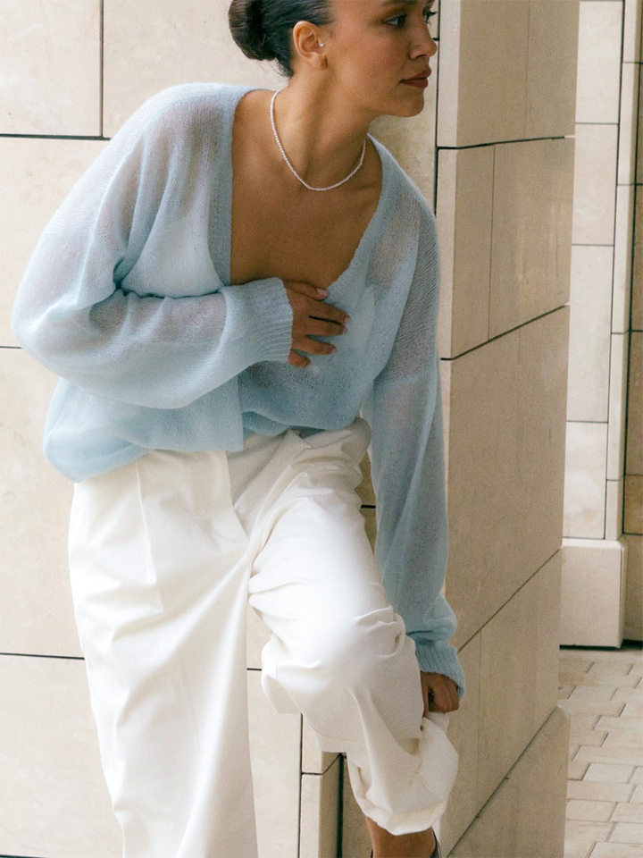 Áo cardigan dệt kim nữ cổ chữ V dáng rộng mỏng nhẹ — Màu xanh dương chi tiết 12
