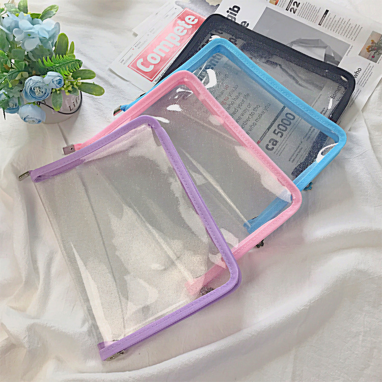 Fábrica al por mayor a5 bolsa de archivo de pvc transparente color ins cremallera bolsa de recarga bolsa de almacenamiento de material bolsa de almacenamiento de papelería