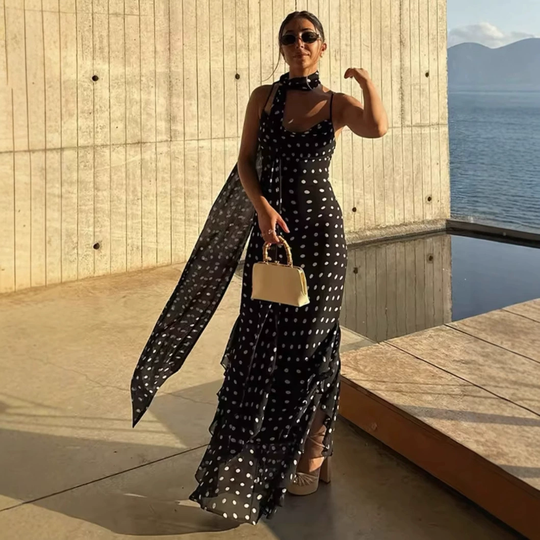 Трансграничная европейская и американская одежда AliExpress, популярное платье с рюшами и шарфом в горошек