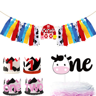 House one Color Cloth Strip Flower Dining Chair Decorative Flag Piggy Chick Cow 1st Birthday Hat Cake Insertion