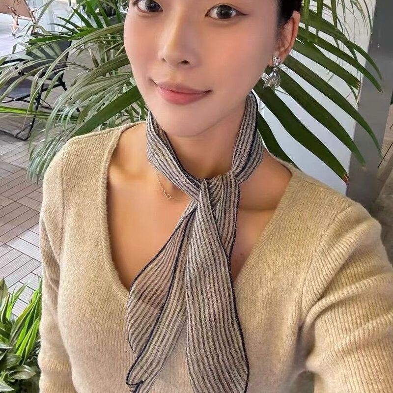出口日韩细条纹窄小透气文艺丝巾女春秋季百搭装饰护颈小领巾发带|undefined