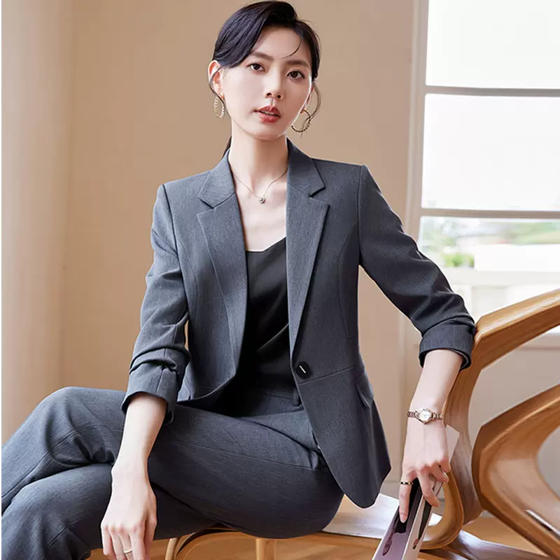 卡其职业装套装女西装套裤时尚气质美容院珠宝店4S金店工作服长袖