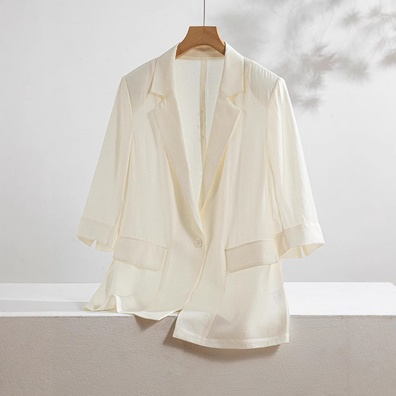 Women's Summer Thin Silk Sun-Protective Blazer with One Button, Fashionable and High-End Mid-Sleeve Suit