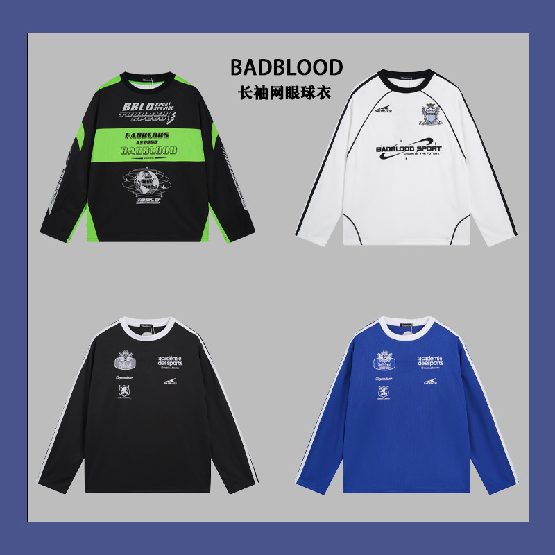 Badblood Long-sleeved T-shirt Mesh Jersey American-style Retro Embroidered Round Neck Loose Sports ins for Men and Women