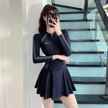 泳衣女款运动连体拼接温泉泳装保守显瘦连衣裙式简约修身度假泳衣