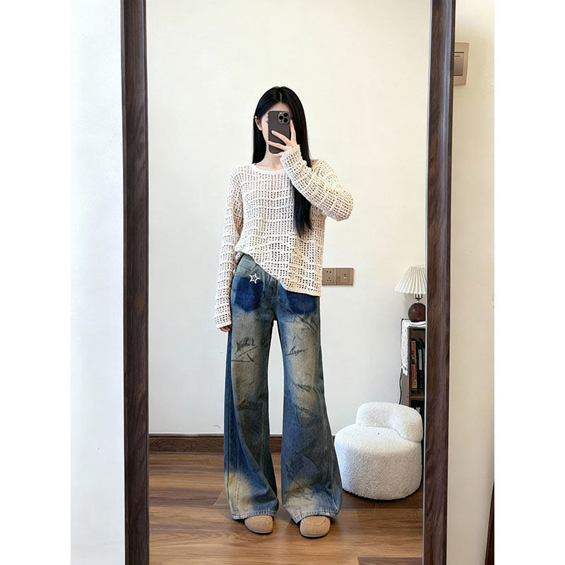 26Th Spring New Style White Distressed Printed Wide-Leg Jeans for Women, American High Street Style, Loose Straight-Leg Floor-Length Pants