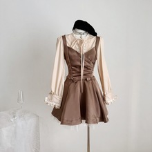 寺迈中世纪公主 复古假两件拼缎面连衣裙宫廷拼纱收腰公主裙冬季