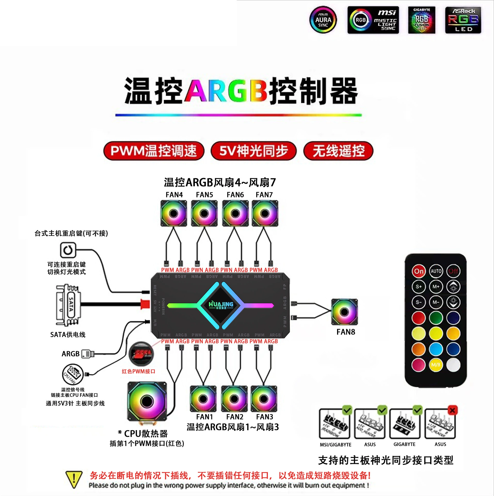 Корпусной контроллер ARGB 5V 3-пиновый PWM с регулировкой температуры, беспроводной пульт дистанционного управления, синхронизирующий хаб для вентиляторов