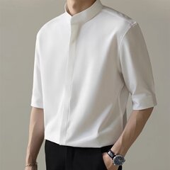 2025年新作メンズ中国風半袖シャツスタンドカラー高品質ノンアイロンシームレス5分袖シャツLサイズ