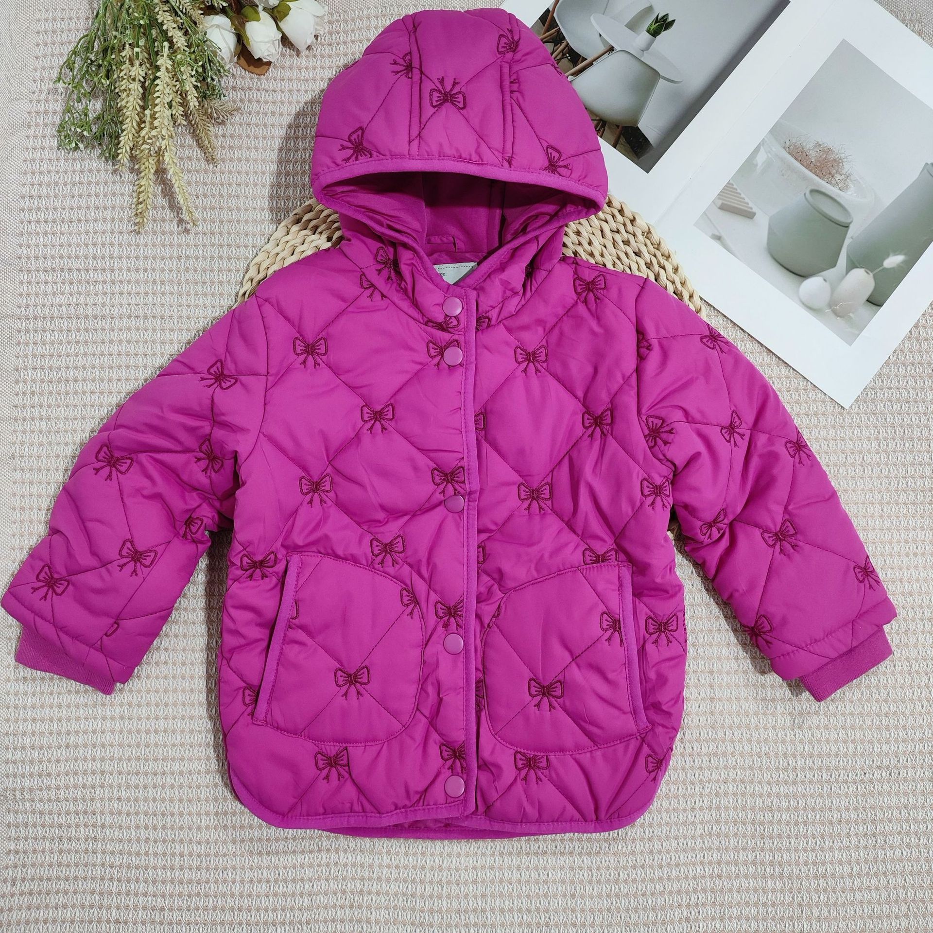 外贸童装尾货清仓小中女童棉服外套秋冬连帽棉衣加厚保暖棉袄玫红
