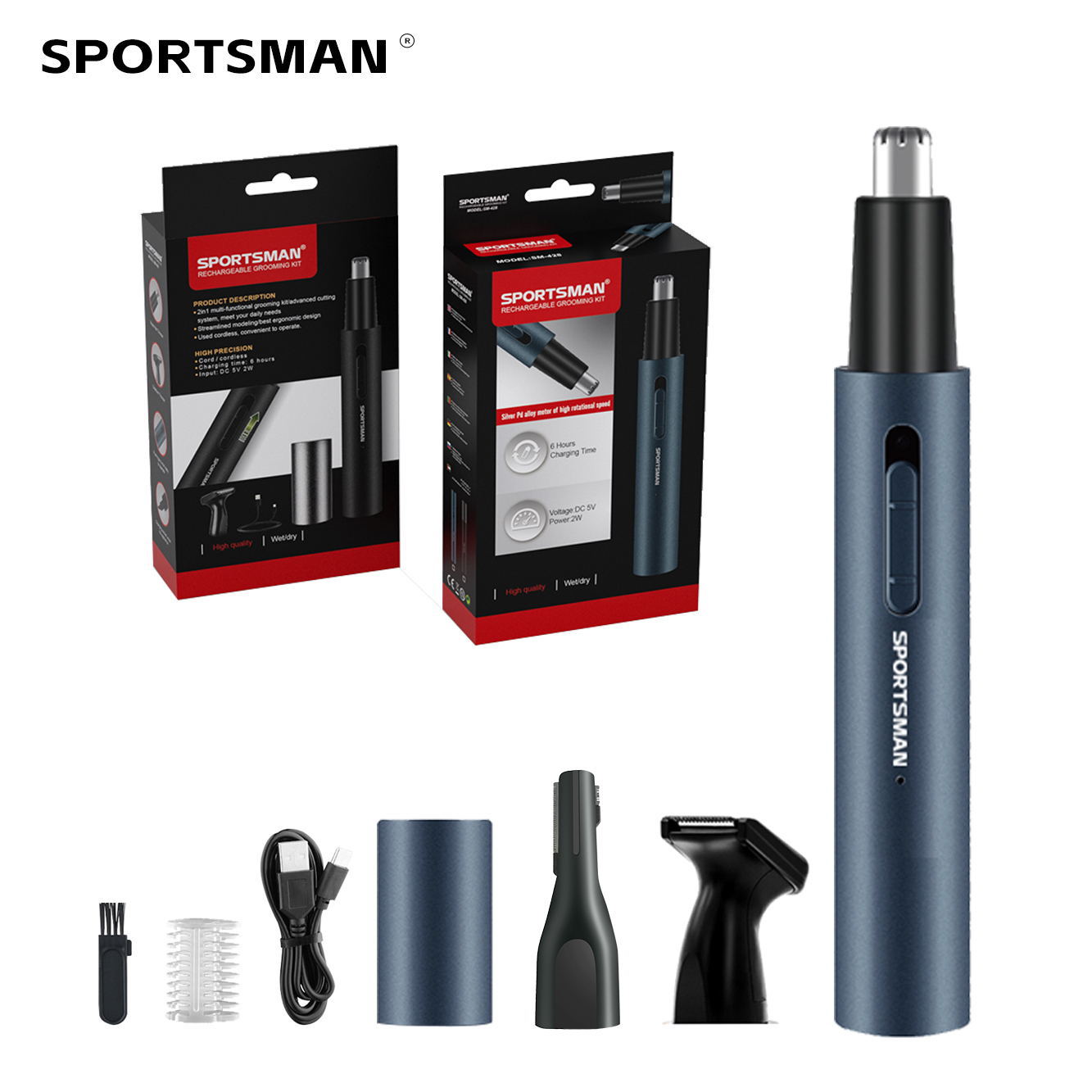 Tubo de aluminio metálico transfronterizo cortador de pelo de nariz eléctrico pintura para hornear recargable multifuncional reparador de pelo de afeitado de nariz dos en uno