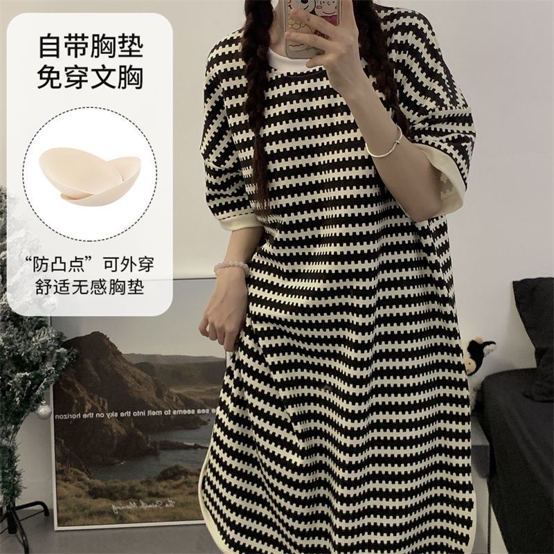 跨境带胸垫睡裙夏季短袖睡衣夏天女条纹高颜值宽松过膝家居服可出