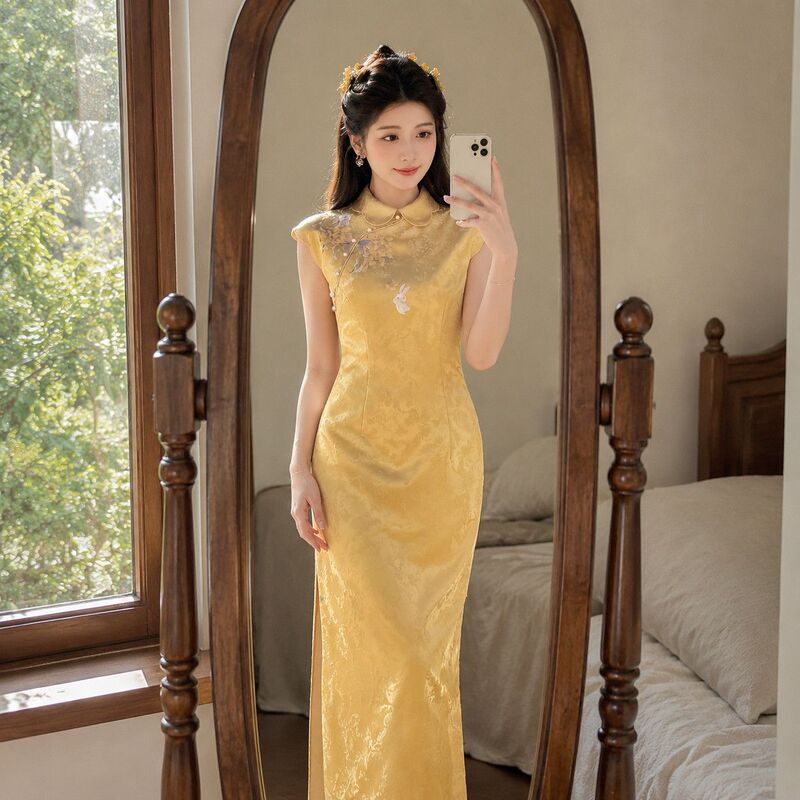 【Moon Rabbit Holding Flower】Mid-Autumn Golden Accents New Chinese Style Improved Qipao for Women Early Autumn National Style Versatile Yellow Dress 【Moon Rabbit Holding Flower】Mid-Autumn Golden Accents New Chinese Style Improved Qipao for Women Early Autumn National Style Versatile Yellow Dress