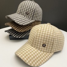 韩版ins千鸟格子鸭舌帽子女秋冬季R标毛呢百搭时尚保暖棒球帽潮牌