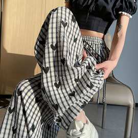 爱心格子裤子女夏季薄款2025新款直筒宽松显瘦抽绳高腰休闲阔腿裤