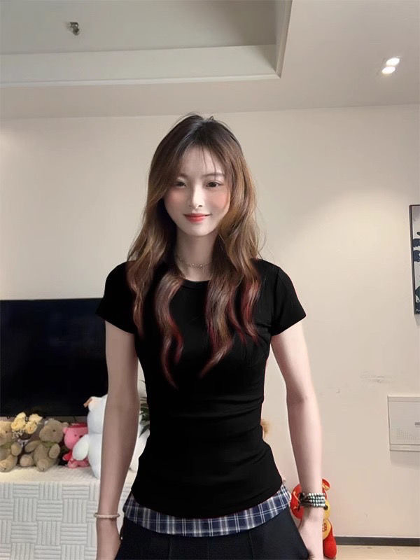 2026 Spring/Summer American-Style Regular Shoulder Round Neck Short-Sleeve Slim Fit Layered Mid-Waist Skin-Friendly Versatile Tight-Fitting Top T-Shirt for Women