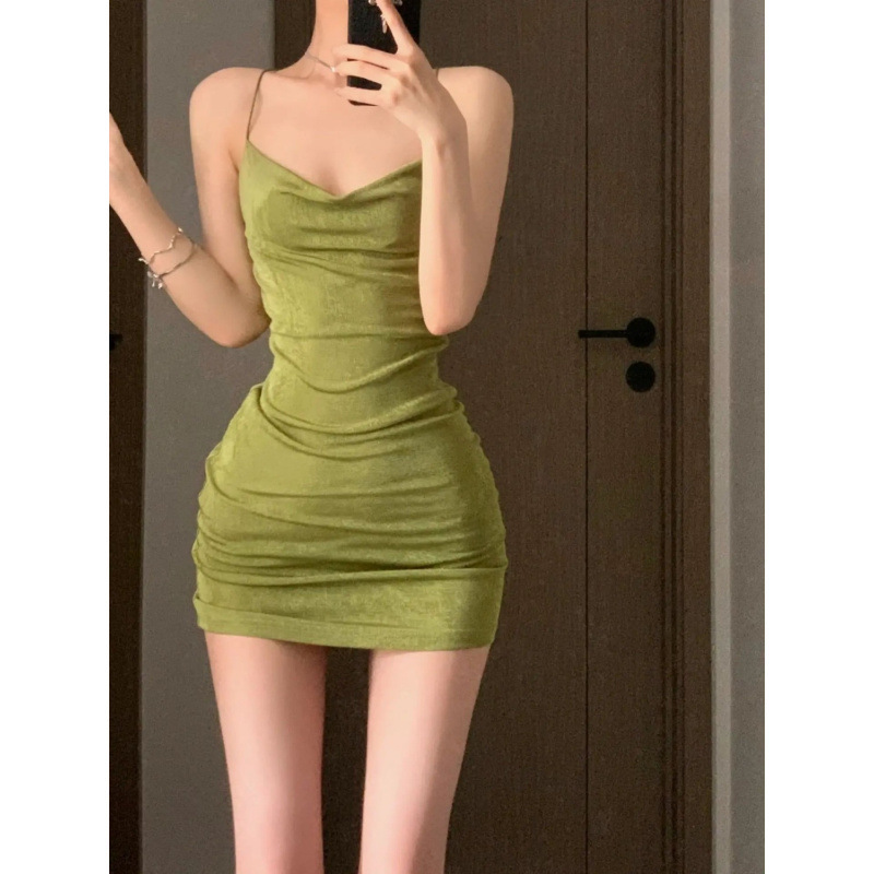 Petite Green Dress for Women, Summer Hot Girl Strap Tight Slimming Spaghetti Strap Dress with Ruched Waist and Bodycon Short Skirt