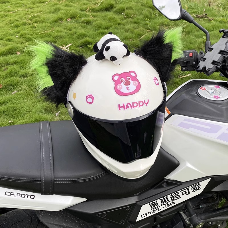 Oversized Black Green Fox Ear Helmet Decoration Plush Motorcycle Helmet Accessory