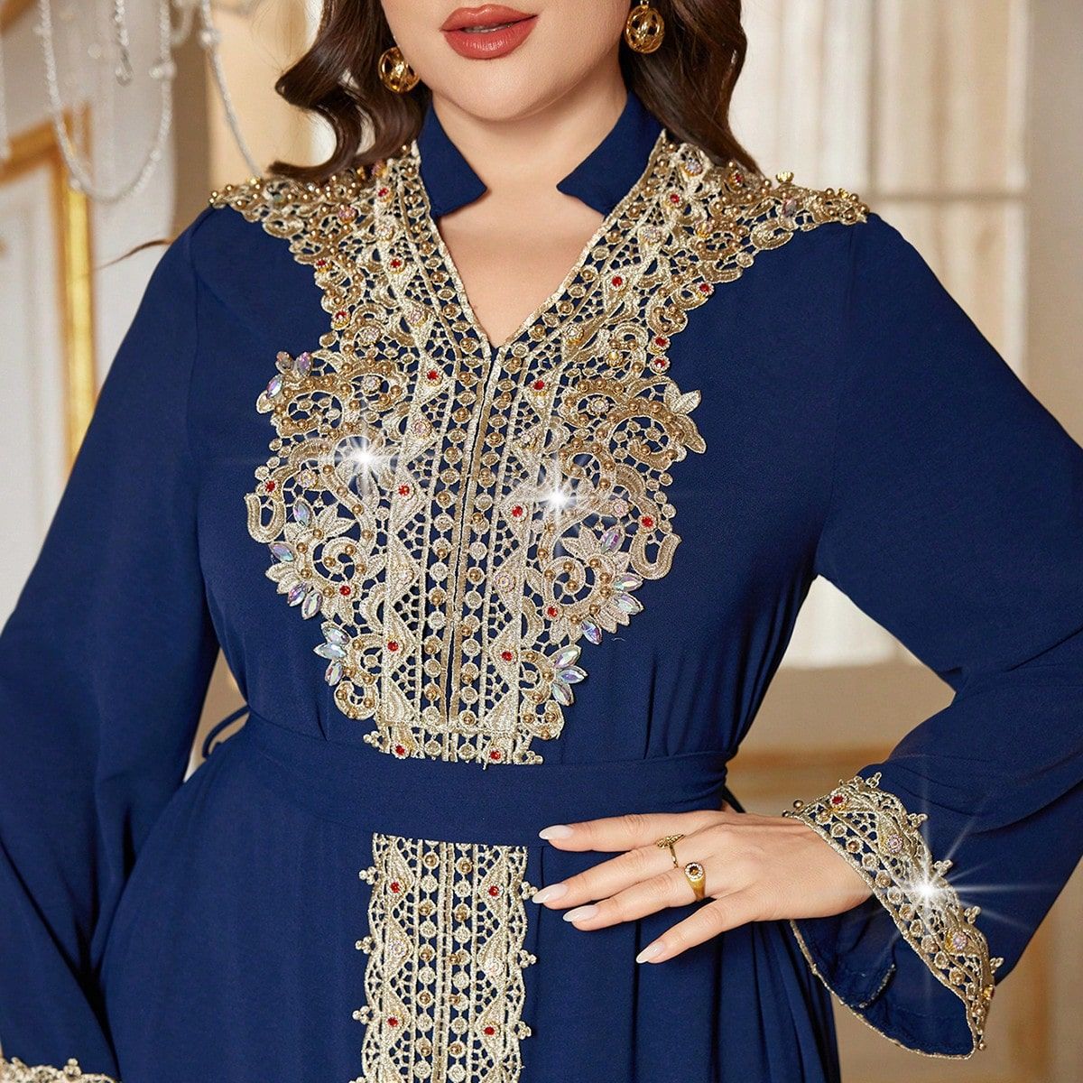 Middle Eastern Plus Size Vintage Arabic Dubai Embroidered Appliqué Rhinestone Dress Muslim Party Evening Gown_ecoleips.com