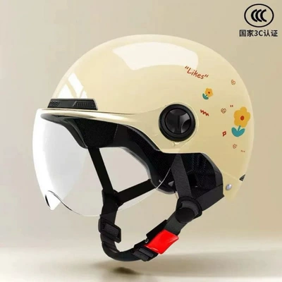 3C certified national standard helmet with small floral pattern, suitable for electric vehicles, motorcycles, and scooters, with dual visors (Motosiklet dəbilqələri) - transparent-short-lens-huiqi-khaki-small-floral-single-lens-1-piece-national-standard-3c-certified-mega-discount-sale