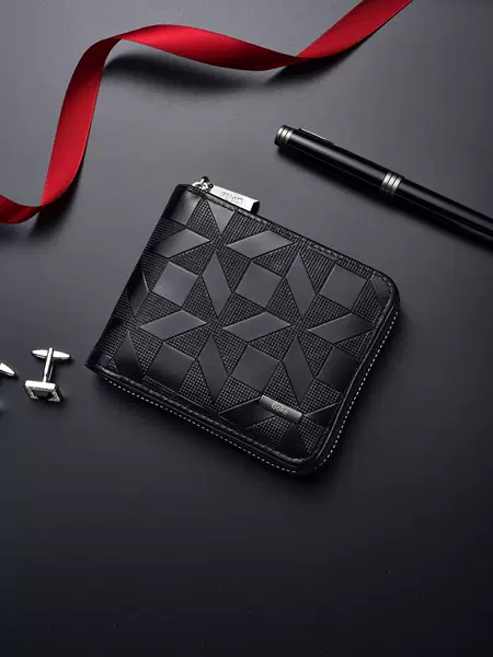 New men's short wallet with geometric embossing, zipper wallet for business youth, large-capacity card holder and coin purse
