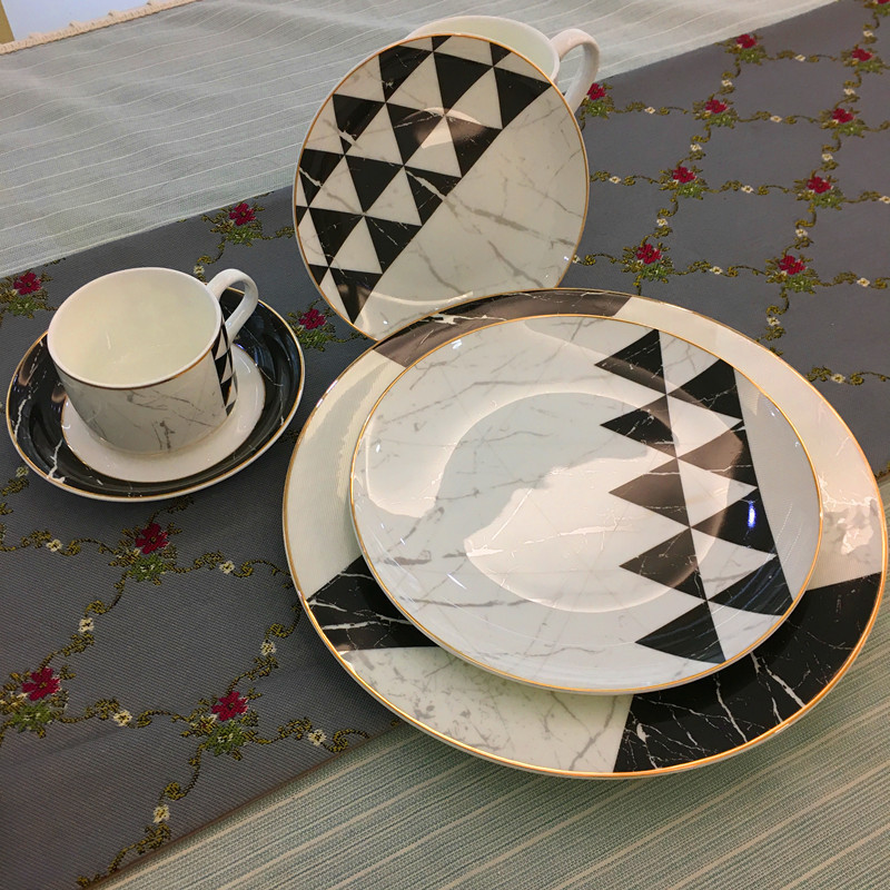 [Spot] Exported to Europe and the United States gold-plated marble geometric pattern dinner plate ceramic dessert plate set