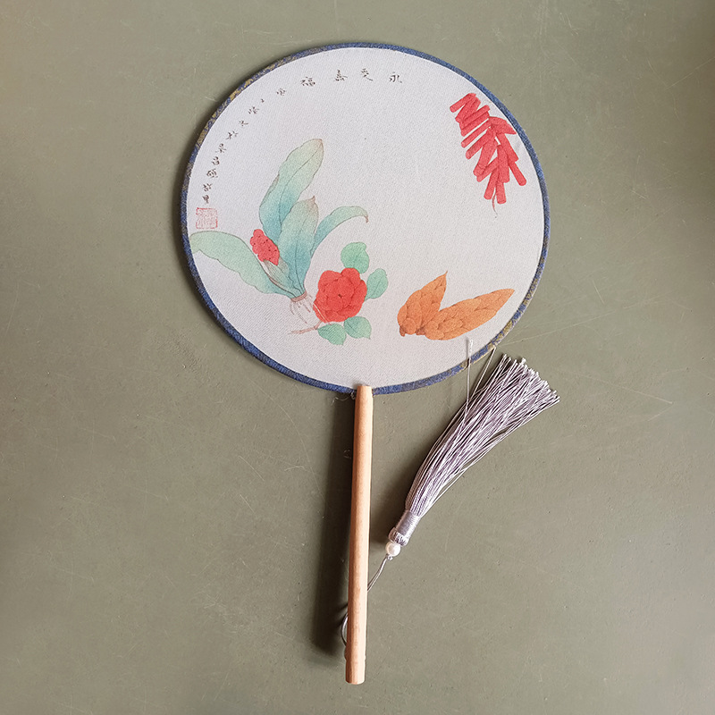 Ventilador redondo de estilo antiguo ventilador de doble cara de mango largo danza ventilador publicitario traje antiguo Hanfu cheongsam ventilador redondo de estilo chino ventilador de palacio al por mayor