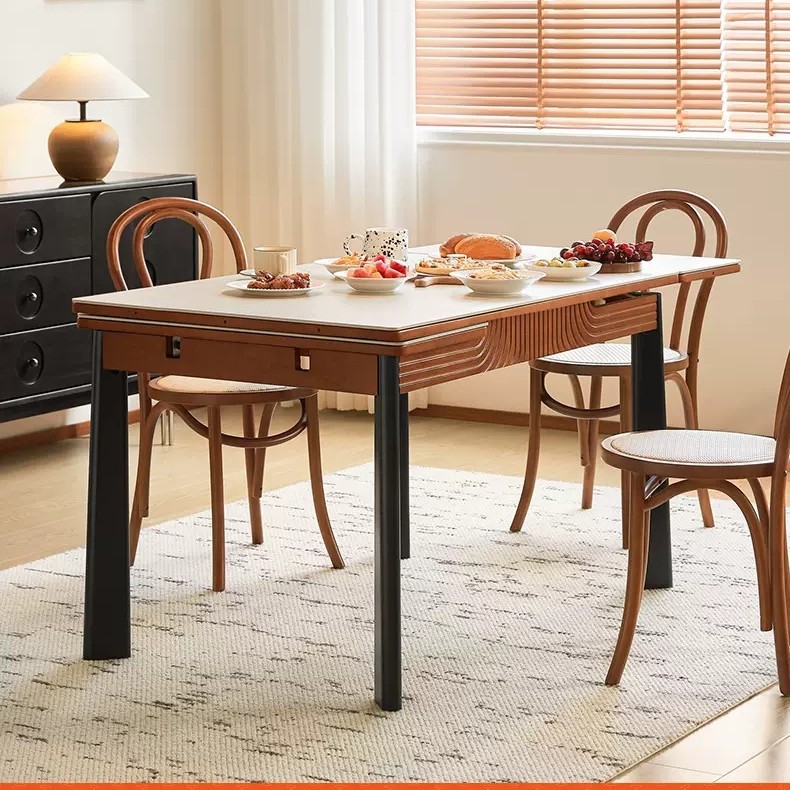 Mesa de comedor de tablero de roca de madera maciza medieval, mesa de comedor de apartamento pequeño retráctil plegable, rectángulo doméstico 2024 nuevo