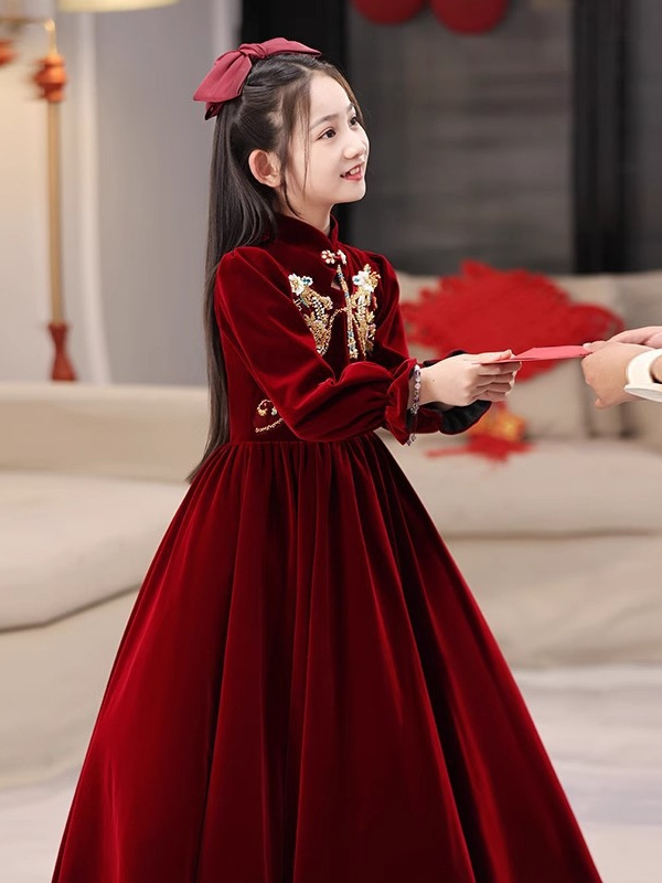 Otoño y invierno vestido rojo de Año Nuevo vestido de niña vestido de princesa vestido de niños anfitriones de alto nivel piano vestido