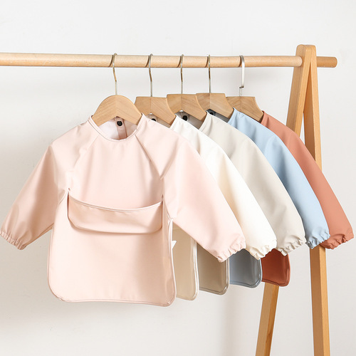 Danish children's long-sleeved PU reverse clothing baby eating clothes bib super soft waterproof solid color rice pocket anti-dirty feeding clothes