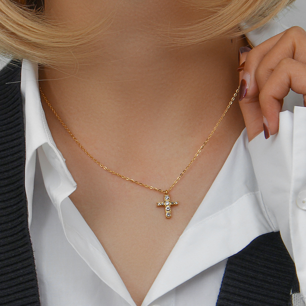 Fashion Cross Stainless Steel Necklace Plating Inlay Zircon Stainless Steel Necklaces