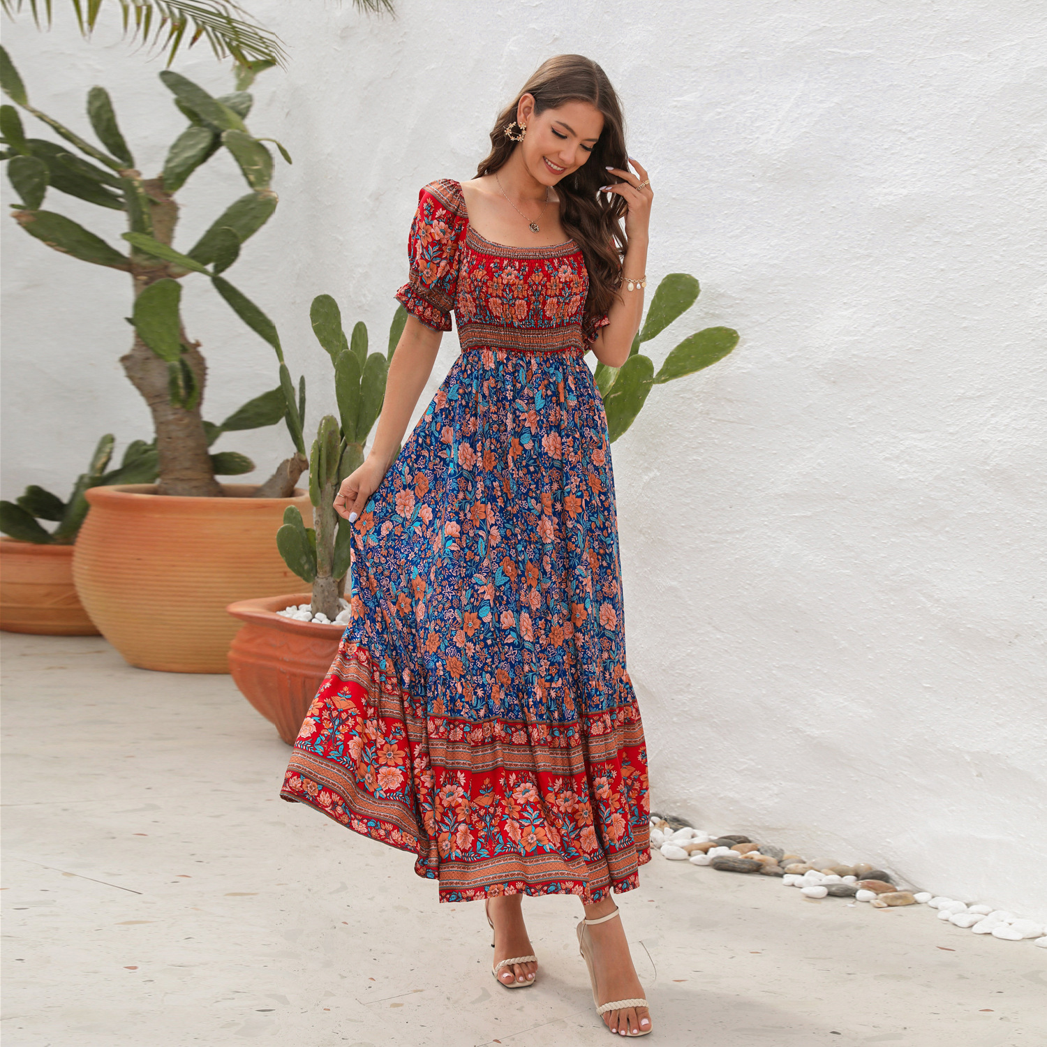 Women's Regular Dress Bohemian U Neck Printing Lettuce Trim Short Sleeve Printing Maxi Long Dress Travel Daily display picture 2