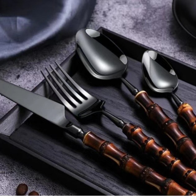 Vajilla de comida occidental Cuchillo y tenedor Cuchara de café Cuchara de helado de postre Mango de bambú Juego de vajilla de acero inoxidable Caja de regalo image 16