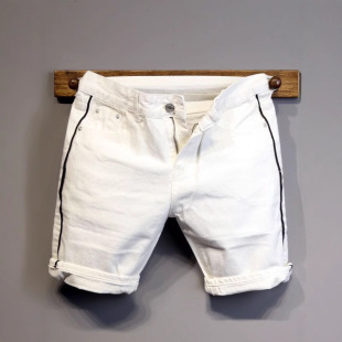 Summer New Personalized Color Matching Stitching Slim-fit White Denim Shorts Men's Fashion All-match Five-point Pants