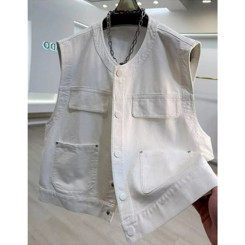 High-quality cotton white denim sleeveless vest for women, spring and summer workwear with pockets, layered vest, super stylish top for autumn