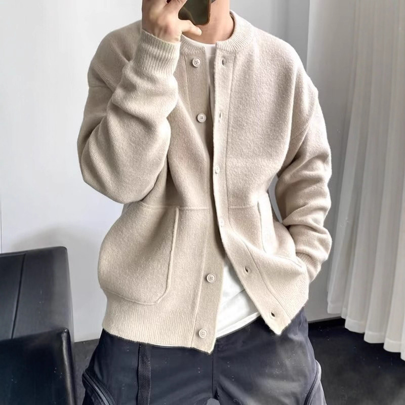 Japanese-Style Wool Cardigan for Men, Spring and Autumn Hong Kong Style Knitwear, Round Neck Jacket, Simple Loose Thick Sweater Coat