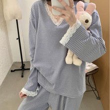 韩国ins女士秋冬新品韩系条纹简约舒适德绒睡衣套装休闲家居服女