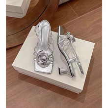 软皮版~山茶花凉鞋夏天配小裙子细跟方头银色高跟鞋仙女风罗马鞋