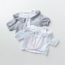 日单110-160女童夏季个性衬衫欧根纱短款叠穿背心假两件中大童