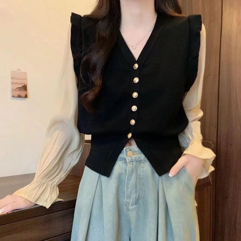 胖MM大码秋冬荷叶边V领针织衬衣开衫拼接泡泡袖假两件长袖女上衣|undefined