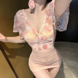 情趣内衣性感甜美透视深V碎花玫瑰包臀裙显瘦辣妹纯欲免脱制服裙