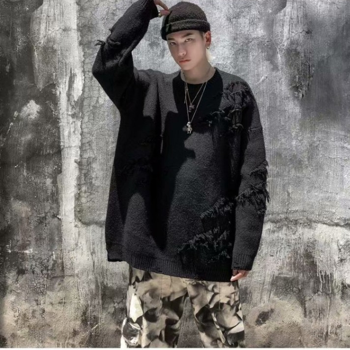 American High Street Design Sense Niche Tassel Knitted Unisex BF Trendy Brand Loose Couple Round Neck Ripped Sweater_voghion.com