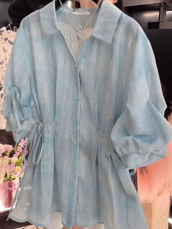 法式V领扎染收腰五分袖衬衫女夏季新款时尚气质洋气显瘦别致衬衣|undefined