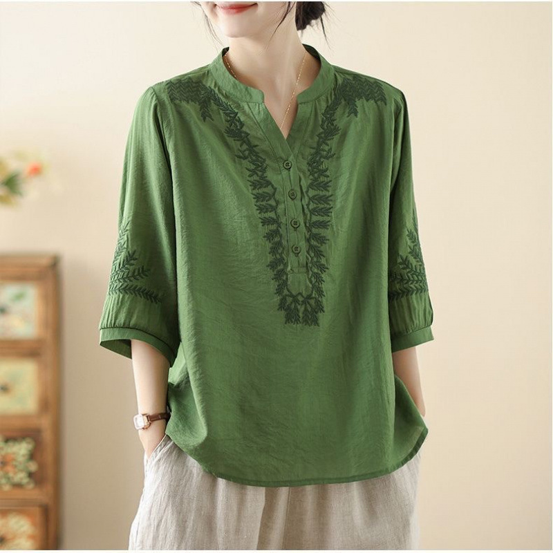 Vintage Artistic Ramie Embroidered Shirt for Women, Summer Thin Breathable Half-Sleeve Blouse, Loose Fit, Slimming, Versatile Top