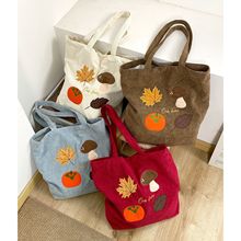 复古灯芯绒单肩包森系刺绣大容量通勤托特包韩版女慵懒风百搭布包