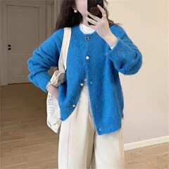 韩版高级感针织开衫女软糯仿水貂绒克莱因蓝色长袖时尚毛衣外套女